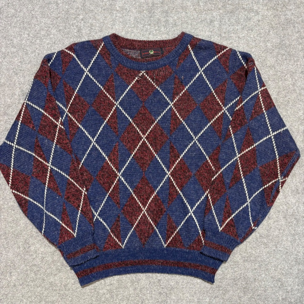 Robert Bruce Vintage Argyle Crewneck Sweater Blue Burgundy XL Mens